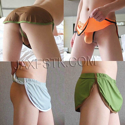 Sexy Men's Home Pant Casual Shorts With Penis Pouch Thong Elastic Ice Silk Trunks 3JJB