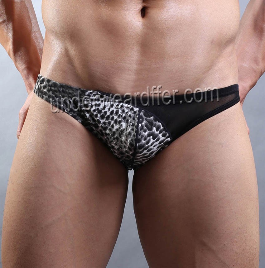 Fashion Men's Low-rise Leopard Splice See-through Mesh Pouch Briefs Underwear MU923
