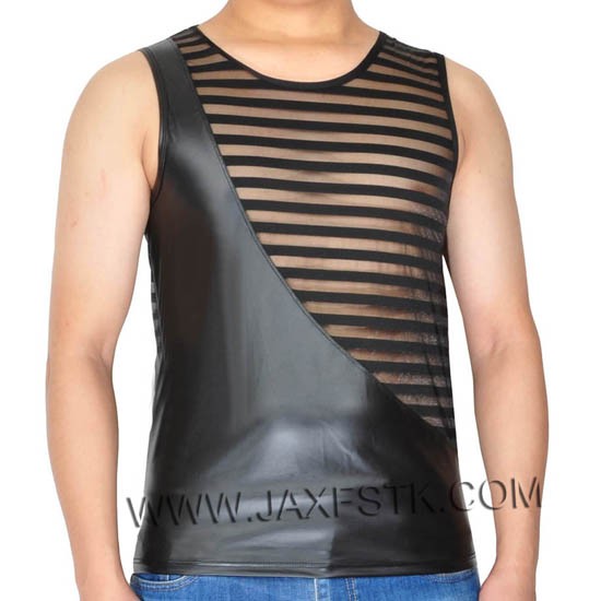 Fashion Men's Transparent Shift Striped Mesh T-shirts Soft Leather Like Vest Tank Top Original Transparent Shift Muscle Shirt