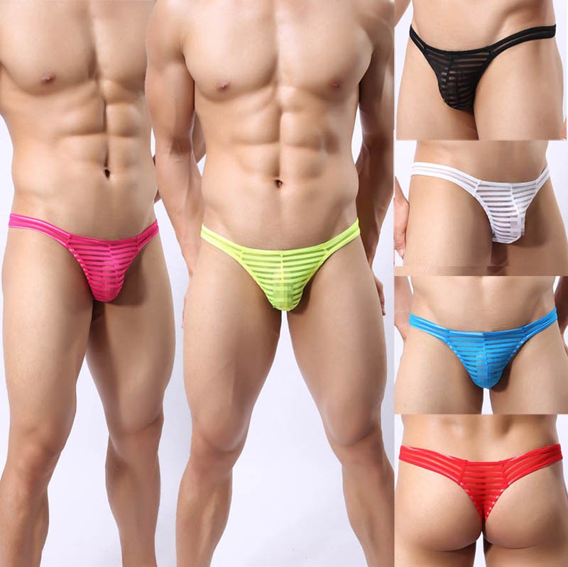 Update Men's Solid Mesh Striped Thong Spun Yarn Bikini Tanga Underwear Pouch T-Back Pants Mesh G-String MU1962