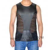 Fashin Guy Tank Top T-Shirts Men's Leater Like Tee See-Through Striped Mesh Vest
