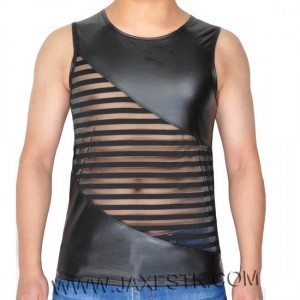 Avant Garde Sleeveless T-Shirts Men's Leater Like Striped Transparent Mesh Vest