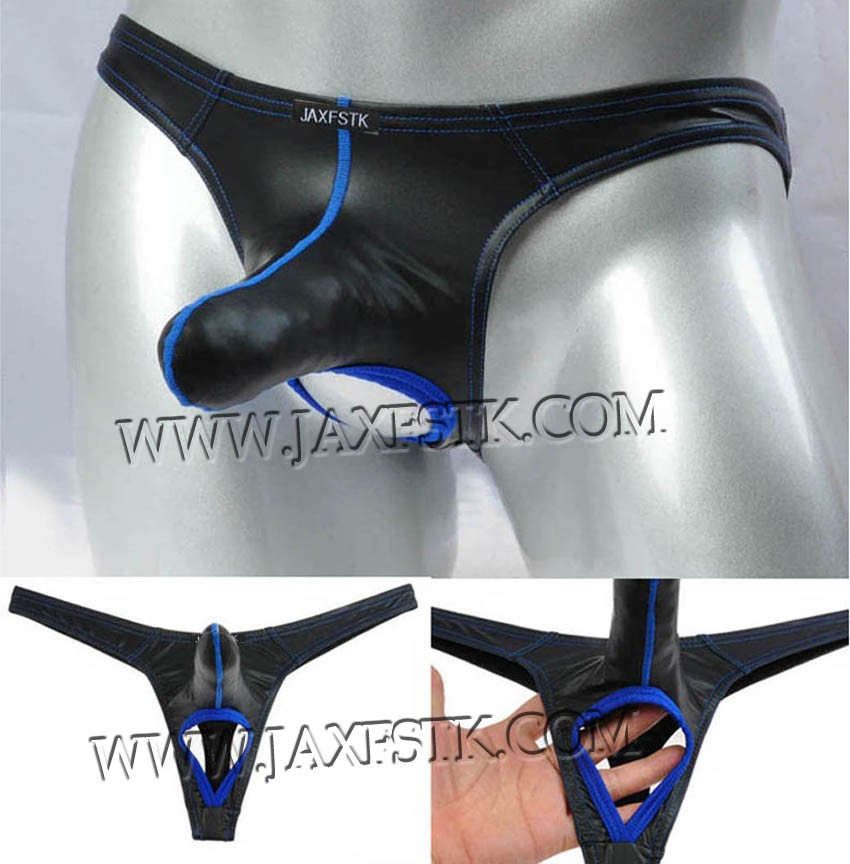 Men Long Pouch Thong Leather Like Nuts Out String T-back Bikini Pants Isolation Underwear MU417