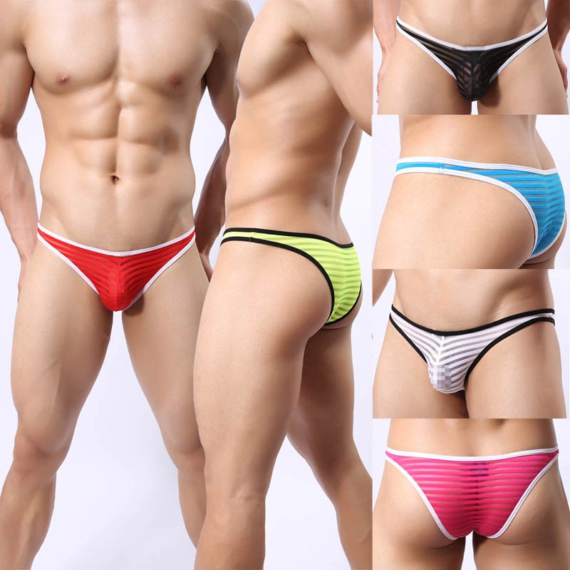 Update Men's Border Mesh Striped Briefs Spun Yarn Bikini Brief Underwear Pouch Mesh mini Pants MU1963