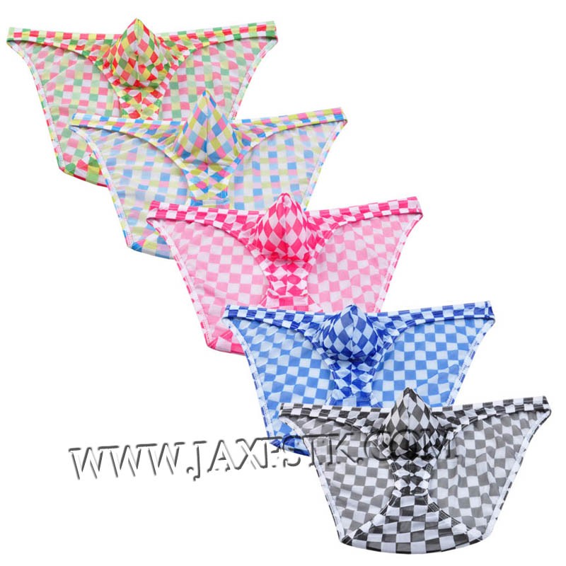 Sexy Men Pouch Plaid Briefs Underwear Mesh Silk Boxers Pants Base Tangas Shorts
