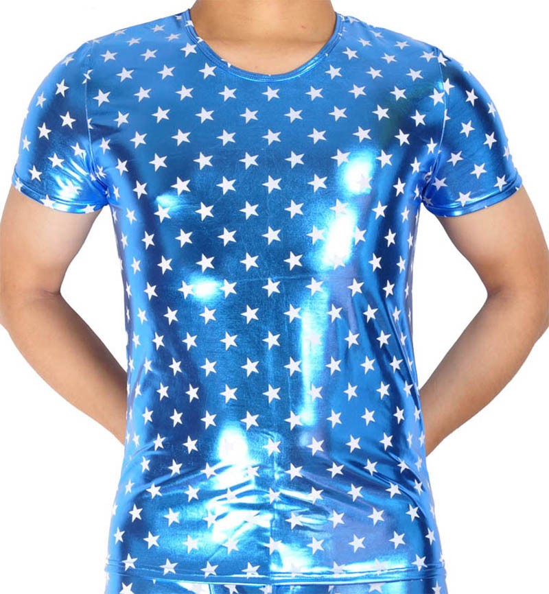Men Star Pattern Short Shirt Show Top Casual Wear Leather Like T-Shirt Underwear MU404