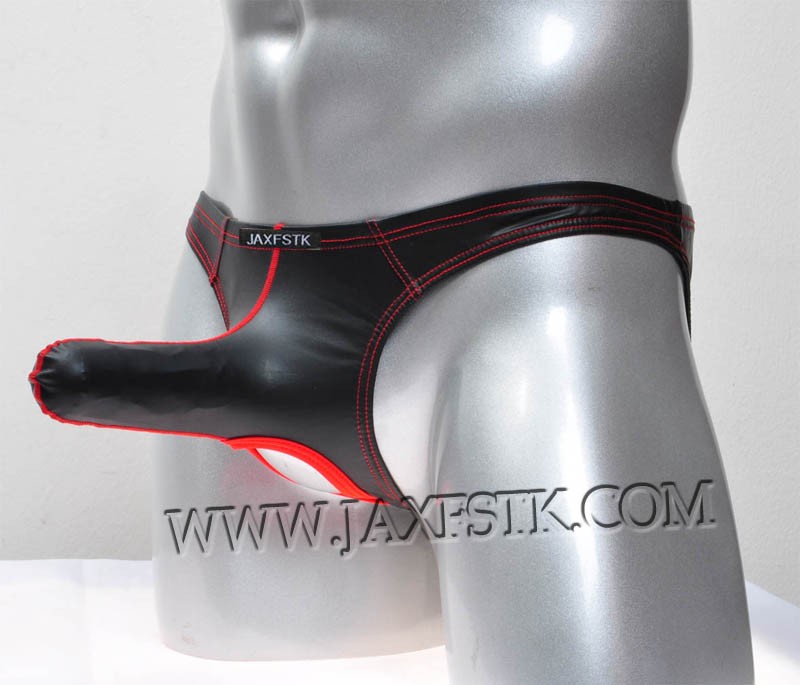 Men's Long Pouch Briefs Leather Like Underwear Nuts Out Brief Bikini Pants Ball Hole Shorts MU419