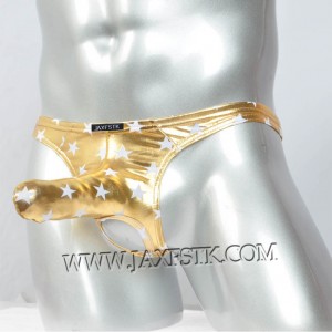 Men Shiny Stars T-Back Ball Hole Faux Intimo Long Pouch Bikini Nuts Out Thong MUX407