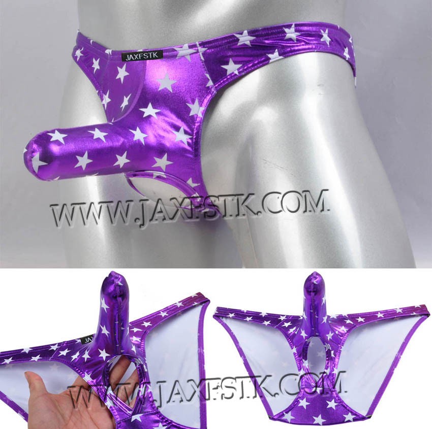 Men Shiny Stars Briefs Ball Hole Faux Underwear Long Pouch Bikini Nuts Out Brief MU427