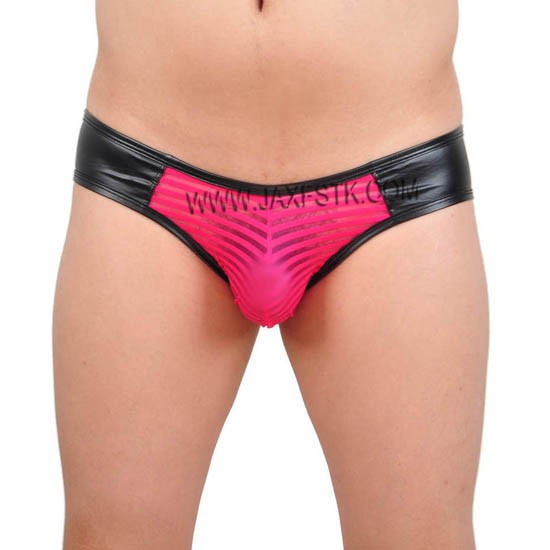 Mens Leather Like & Transparent Stripe Mesh Underwear Poucher Boxers Briefs