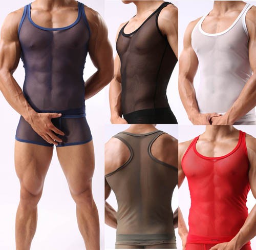 Super Sexy Men's See Through Soft Mesh V-neck Line T-Shirts Underwear Tank Top Vest Size M L XL MU344