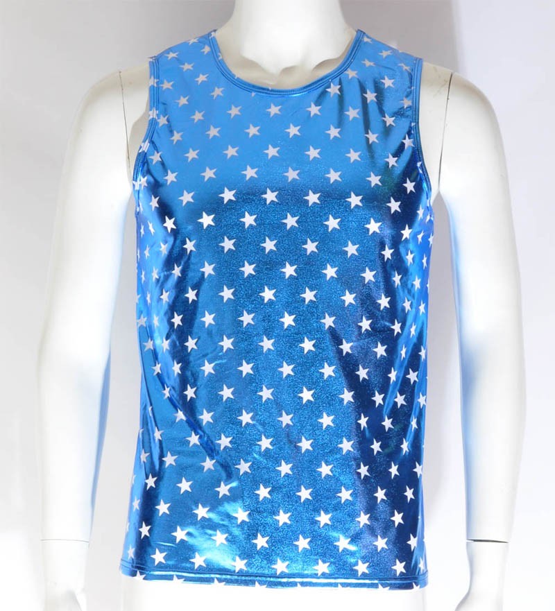 New Men Leather Like Stars Pattern Vest Tank Top Underwear Shiny Faux Sleeveless Shirt Tops Show Shirt Wear MUS403