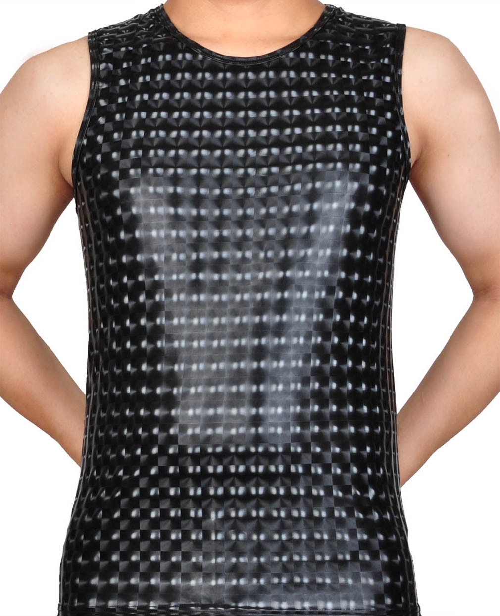 Shiny Men's 3D Pattern Shirt Leather Like Muscle Shirt Tee Tops Faux Sleeveless Top Shirt Wear SLF-BX